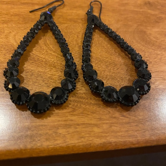Vintage Costume Jewellery Black Rhinestone Teardrop Dangle Earrings - Picture 4 of 11